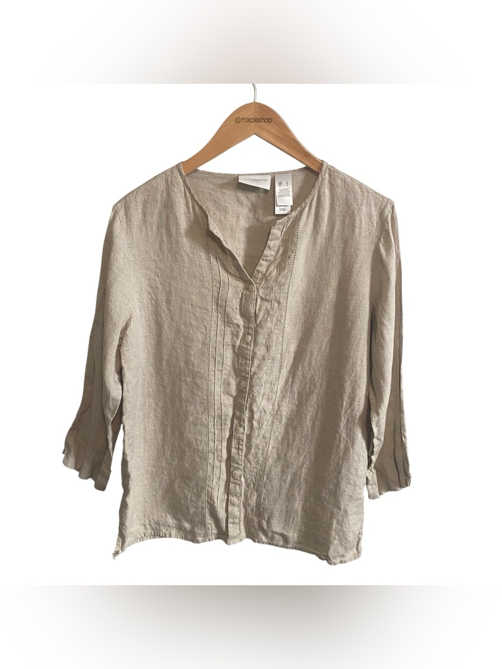 Liz Claiborne Tan Beige Oatmeal 100% Linen Button Down 3/4 Sleeve Top Size Large